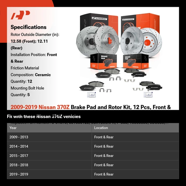 2009-2019 Nissan 370Z Brake Pad and Rotor Kit, 12 Pcs, Front & Rear, A-Premium, APBRPS183