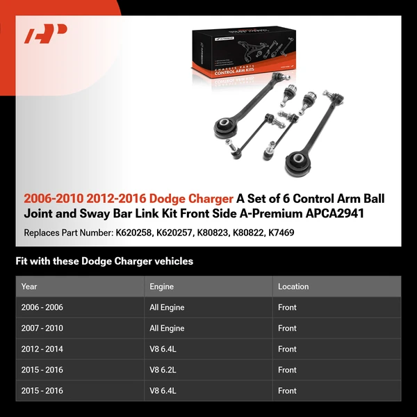 2006-2010 2012-2016 Dodge Charger A Set of 6 Control Arm Ball Joint and Sway Bar Link Kit Front Side A-Premium APCA2941