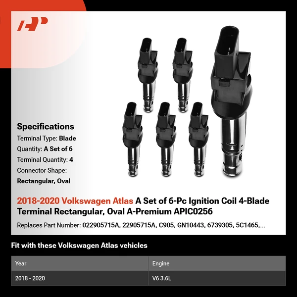 2018-2020 Volkswagen Atlas A Set of 6-Pc Ignition Coil 4-Blade Terminal Rectangular, Oval A-Premium APIC0256