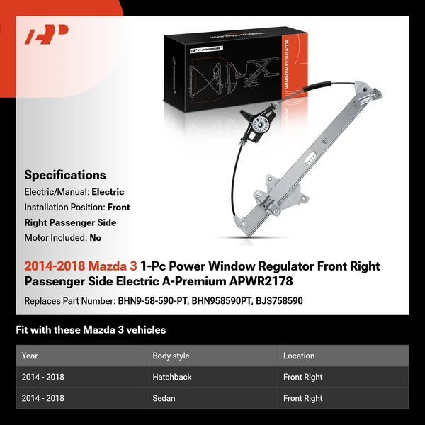2014-2018 Mazda 3 1-Pc Power Window Regulator Front Right Passenger Side Electric A-Premium APWR2178