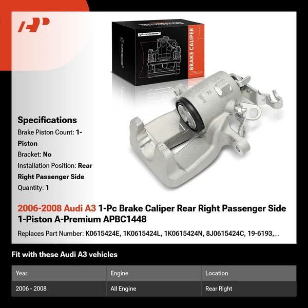 2006-2008 Audi A3 1-Pc Brake Caliper Rear Right Passenger Side 1-Piston A-Premium APBC1448
