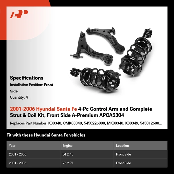 2001-2006 Hyundai Santa Fe 4-Pc Control Arm and Complete Strut & Coil Kit, Front Side A-Premium APCA5304