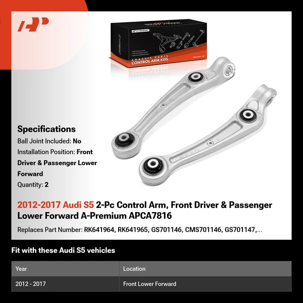 2012-2017 Audi S5 2-Pc Control Arm, Front Driver & Passenger Lower Forward A-Premium APCA7816