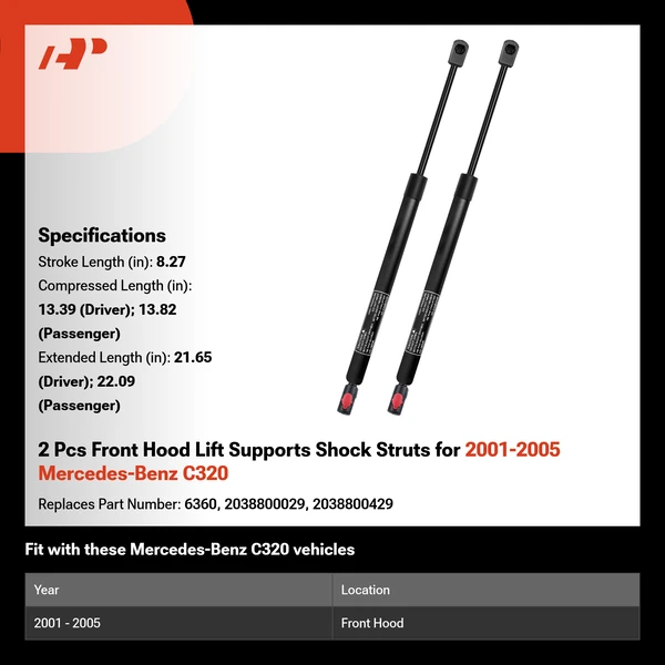 2 Pcs Front Hood Lift Supports Shock Struts for 2001-2005 Mercedes-Benz C320