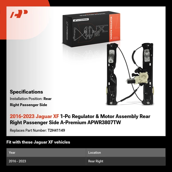 2016-2023 Jaguar XF 1-Pc Regulator & Motor Assembly Rear Right Passenger Side A-Premium APWR3807TW