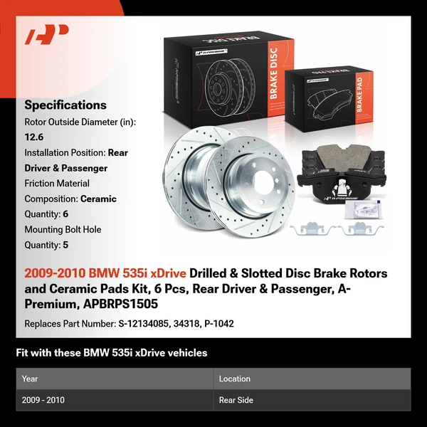 2009-2010 BMW 535i xDrive Drilled & Slotted Disc Brake Rotors and Ceramic Pads Kit, 6 Pcs, Rear Driver & Passenger, A-Premium, APBRPS1505