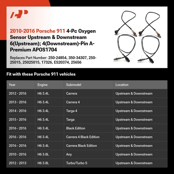2010-2016 Porsche 911 4-Pc Oxygen Sensor Upstream & Downstream 6(Upstream); 4(Downstream)-Pin A-Premium APOS1704
