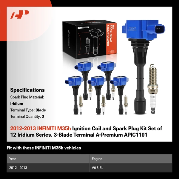 2012-2013 INFINITI M35h Ignition Coil and Spark Plug Kit Set of 12 Iridium Series, 3-Blade Terminal A-Premium APIC1101
