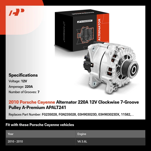 2010 Porsche Cayenne Alternator 220A 12V Clockwise 7-Groove Pulley A-Premium APALT241