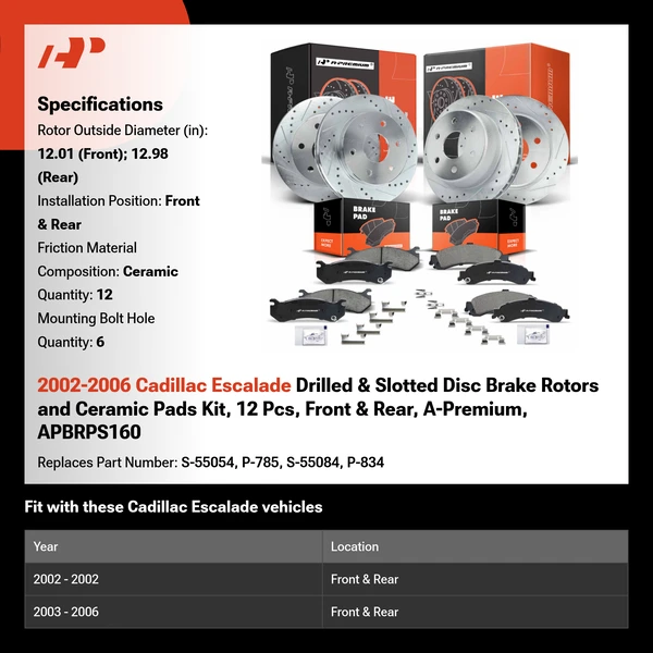 2002-2006 Cadillac Escalade Drilled & Slotted Disc Brake Rotors and Ceramic Pads Kit, 12 Pcs, Front & Rear, A-Premium, APBRPS160