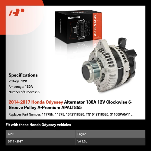 2014-2017 Honda Odyssey Alternator 130A 12V Clockwise 6-Groove Pulley A-Premium APALT865