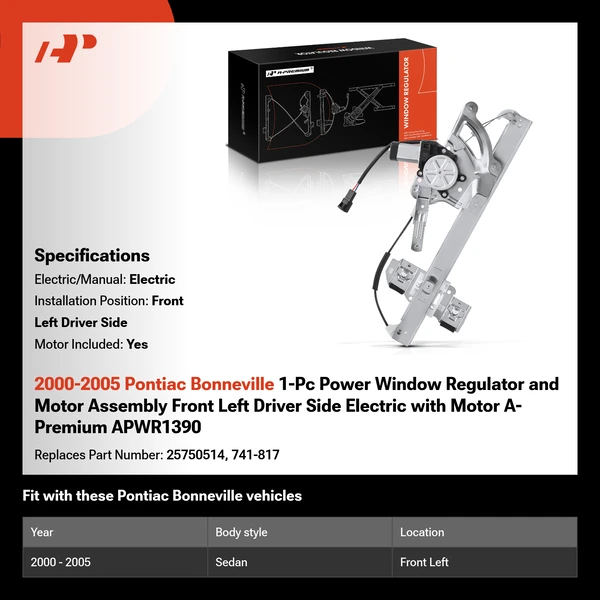 2000-2005 Pontiac Bonneville 1-Pc Power Window Regulator and Motor Assembly Front Left Driver Side Electric with Motor A-Premium APWR1390