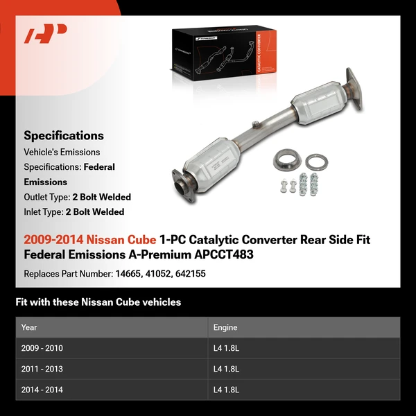 2009-2014 Nissan Cube 1-PC Catalytic Converter Rear Side Fit Federal Emissions A-Premium APCCT483