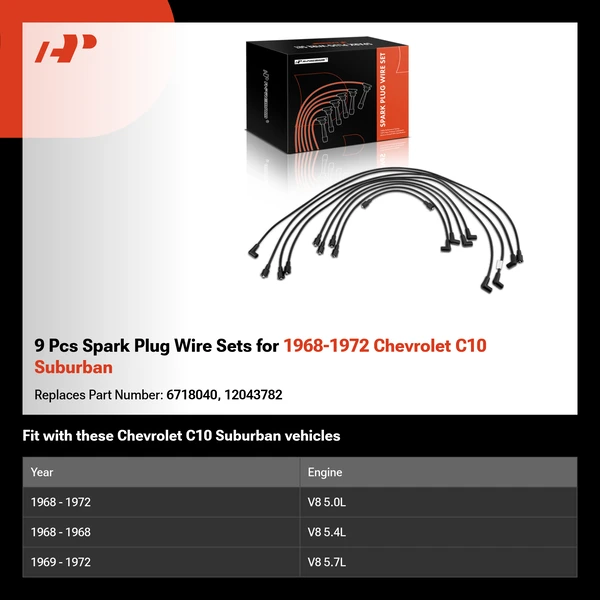 9 Pcs Spark Plug Wire Sets for 1968-1972 Chevrolet C10 Suburban