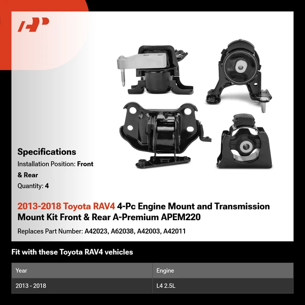 2013-2018 Toyota RAV4 4-Pc Engine Mount and Transmission Mount Kit Front & Rear A-Premium APEM220