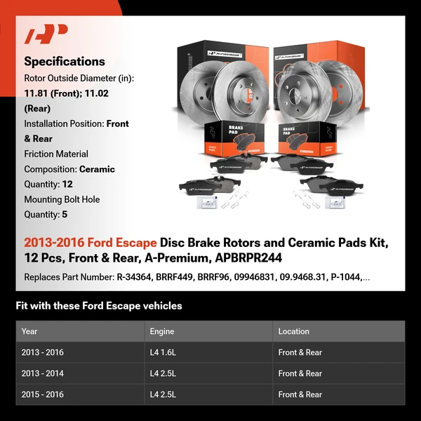 2013-2016 Ford Escape Disc Brake Rotors and Ceramic Pads Kit, 12 Pcs, Front & Rear, A-Premium, APBRPR244