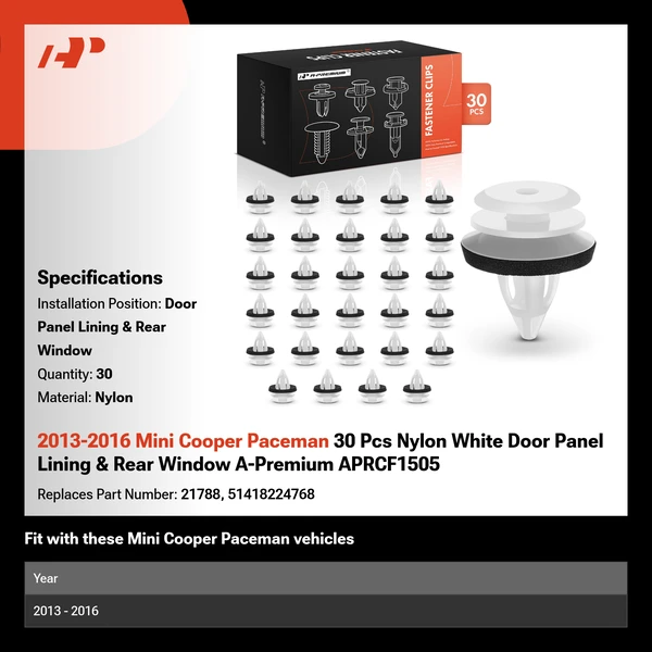 2013-2016 Mini Cooper Paceman 30 Pcs Nylon White Door Panel Lining & Rear Window A-Premium APRCF1505