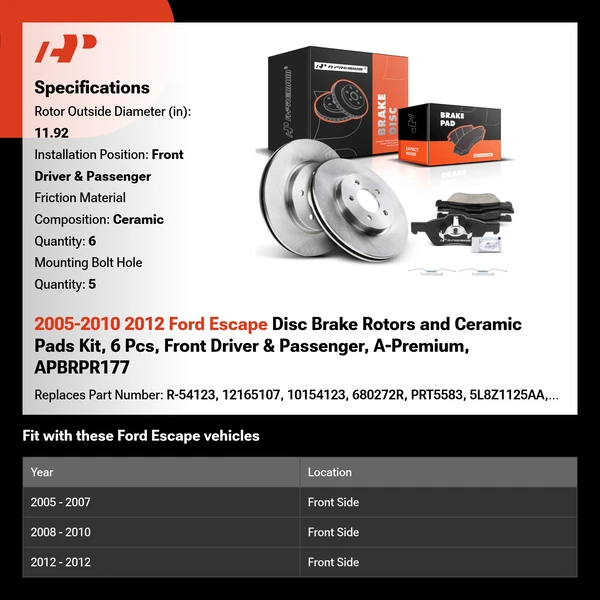 2005-2010 2012 Ford Escape Disc Brake Rotors and Ceramic Pads Kit, 6 Pcs, Front Driver & Passenger, A-Premium, APBRPR177