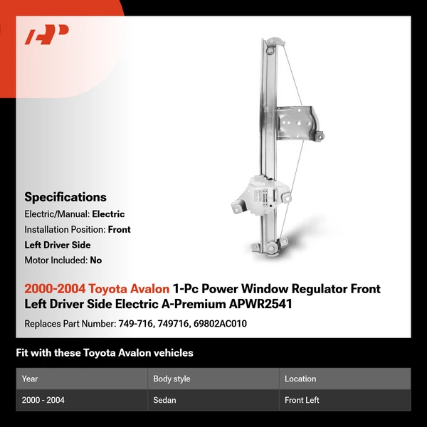 2000-2004 Toyota Avalon 1-Pc Power Window Regulator Front Left Driver Side Electric A-Premium APWR2541