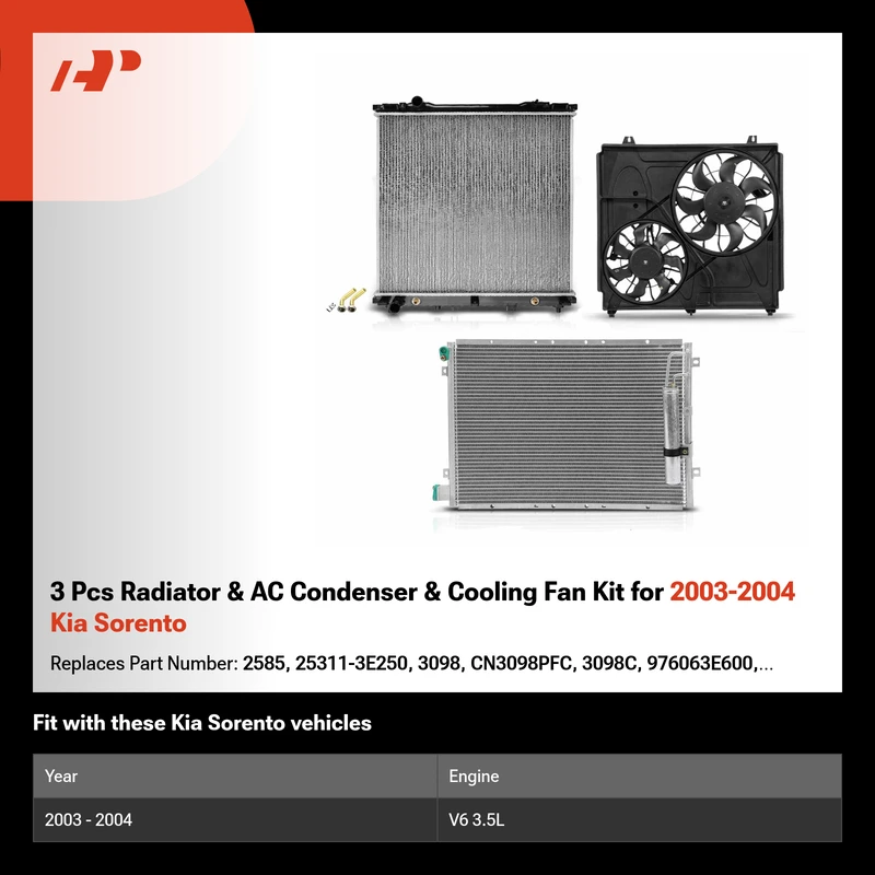 3 Pcs Radiator & AC Condenser & Cooling Fan Kit for 2003-2004 Kia Sorento