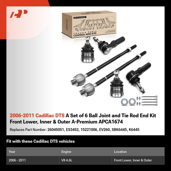 2006-2011 Cadillac DTS A Set of 6 Ball Joint and Tie Rod End Kit Front Lower, Inner & Outer A-Premium APCA1674