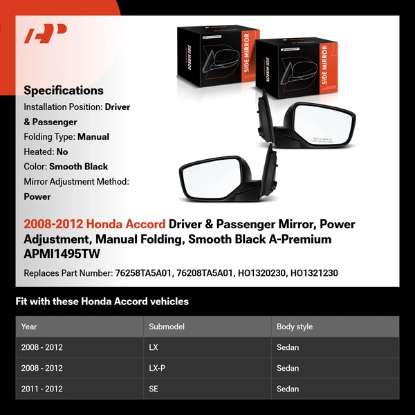 2008-2012 Honda Accord Driver & Passenger Mirror, Power Adjustment, Manual Folding, Smooth Black A-Premium APMI1495TW