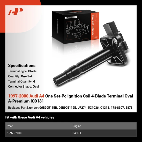 1997-2000 Audi A4 One Set-Pc Ignition Coil 4-Blade Terminal Oval A-Premium IC0131