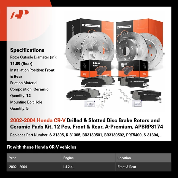 2002-2004 Honda CR-V Drilled & Slotted Disc Brake Rotors and Ceramic Pads Kit, 12 Pcs, Front & Rear, A-Premium, APBRPS174