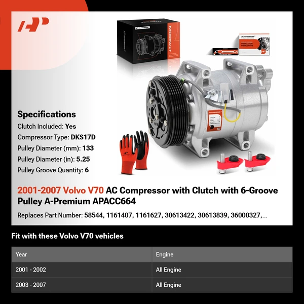 2001-2007 Volvo V70 AC Compressor with Clutch with 6-Groove Pulley A-Premium APACC664