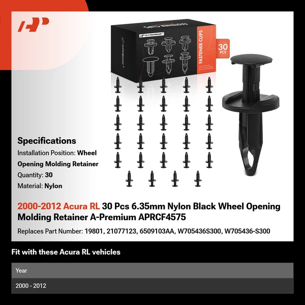 2000-2012 Acura RL 30 Pcs 6.35mm Nylon Black Wheel Opening Molding Retainer A-Premium APRCF4575