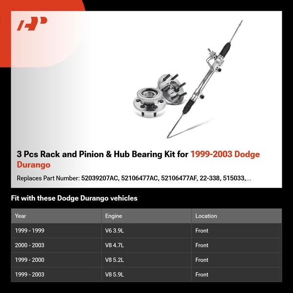 3 Pcs Rack and Pinion & Hub Bearing Kit for 1999-2003 Dodge Durango