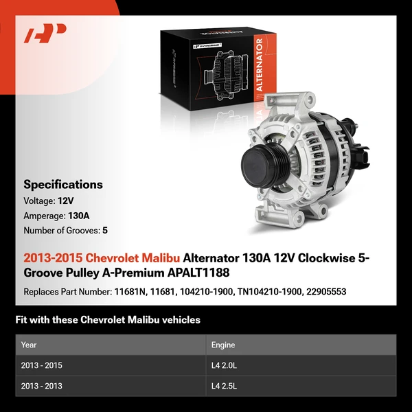 2013-2015 Chevrolet Malibu Alternator 130A 12V Clockwise 5-Groove Pulley A-Premium APALT1188