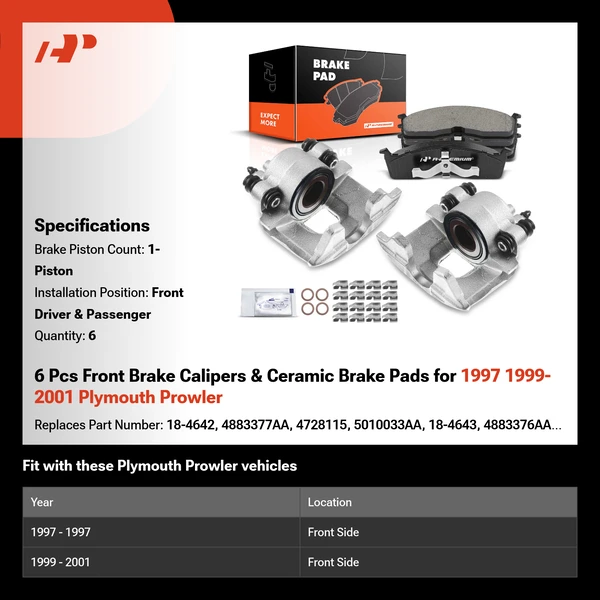 6 Pcs Front Brake Calipers & Ceramic Brake Pads for 1997 1999-2001 Plymouth Prowler