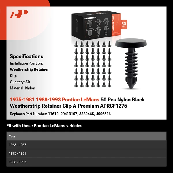 1975-1981 1988-1993 Pontiac LeMans 50 Pcs Nylon Black Weatherstrip Retainer Clip A-Premium APRCF1275