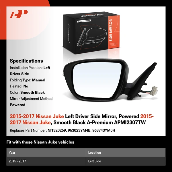 2015-2017 Nissan Juke Left Driver Side Mirror, Powered 2015-2017 Nissan Juke, Smooth Black A-Premium APMI2307TW