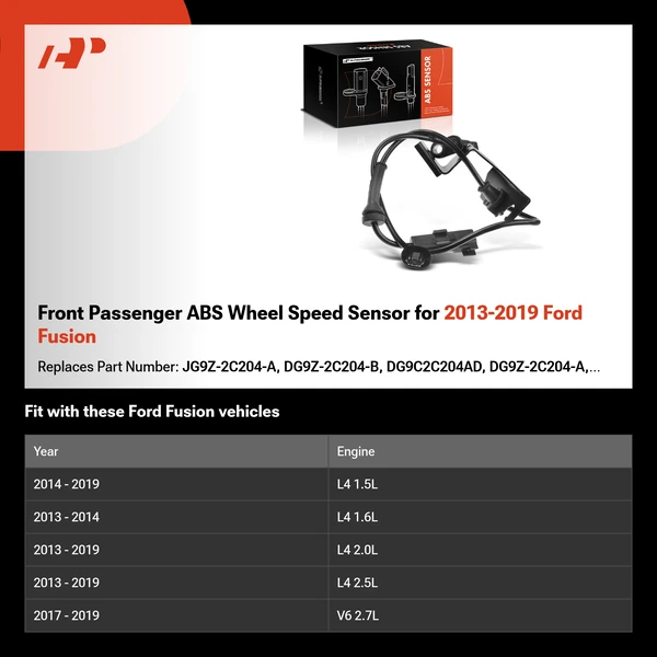 Front Passenger ABS Wheel Speed Sensor for 2013-2019 Ford Fusion