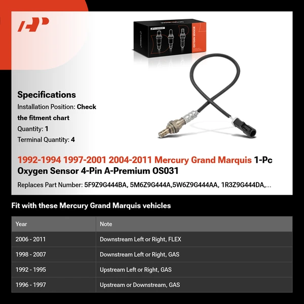 1992-1994 1997-2001 2004-2011 Mercury Grand Marquis 1-Pc Oxygen Sensor 4-Pin A-Premium OS031