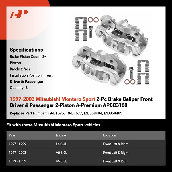 1997-2003 Mitsubishi Montero Sport 2-Pc Brake Caliper Front Driver & Passenger 2-Piston A-Premium APBC3168