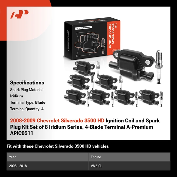 2008-2009 Chevrolet Silverado 3500 HD Ignition Coil and Spark Plug Kit Set of 8 Iridium Series, 4-Blade Terminal A-Premium APIC0511