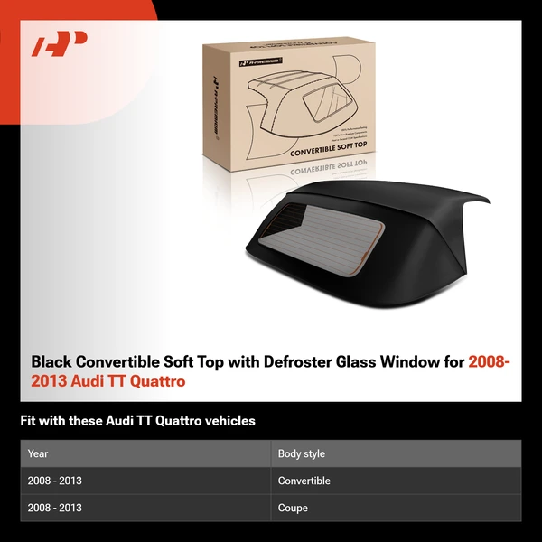 Black Convertible Soft Top with Defroster Glass Window for 2008-2013 Audi TT Quattro