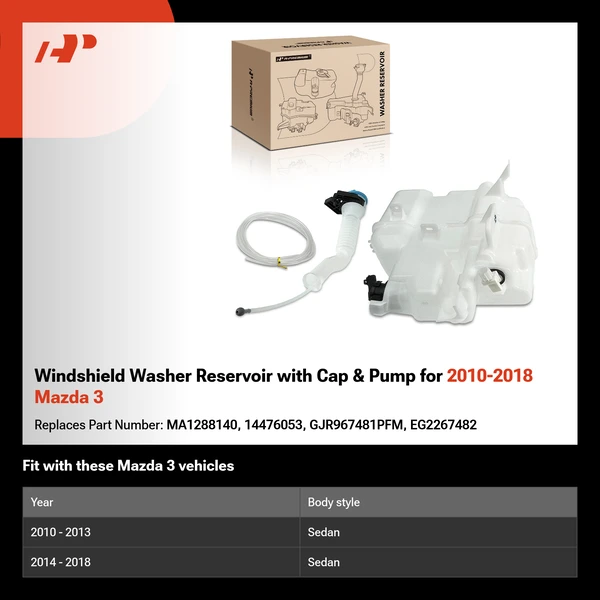 Windshield Washer Reservoir with Cap & Pump for 2010-2018 Mazda 3
