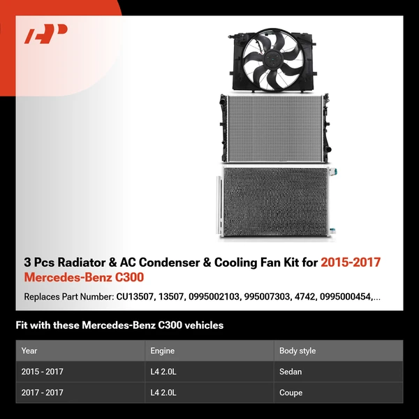 3 Pcs Radiator & AC Condenser & Cooling Fan Kit for 2015-2017 Mercedes-Benz C300