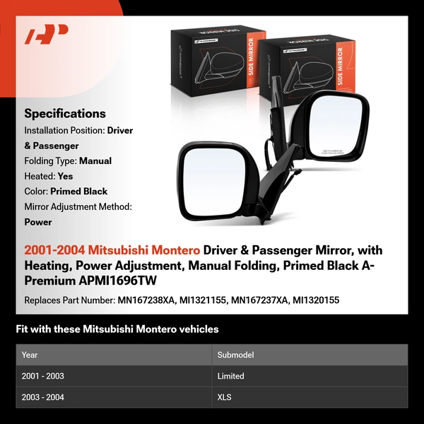 2001-2004 Mitsubishi Montero Driver & Passenger Mirror, with Heating, Power Adjustment, Manual Folding, Primed Black A-Premium APMI1696TW