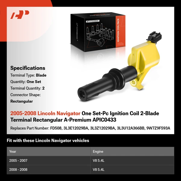 2005-2008 Lincoln Navigator One Set-Pc Ignition Coil 2-Blade Terminal Rectangular A-Premium APIC0433