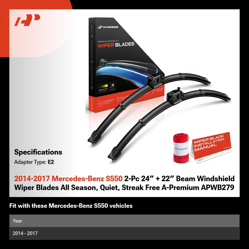 2014-2017 Mercedes-Benz S550 2-Pc 24″ + 22″ Beam Windshield Wiper Blades All Season, Quiet, Streak Free A-Premium APWB279