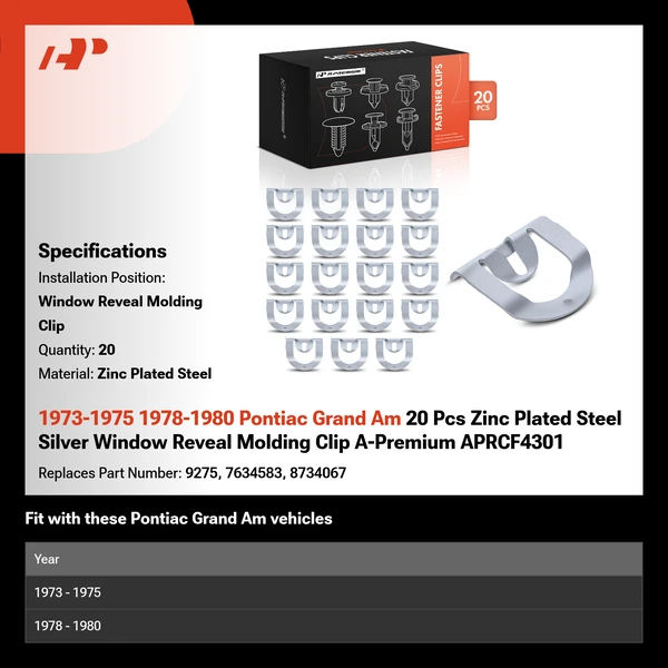 1973-1975 1978-1980 Pontiac Grand Am 20 Pcs Zinc Plated Steel Silver Window Reveal Molding Clip A-Premium APRCF4301