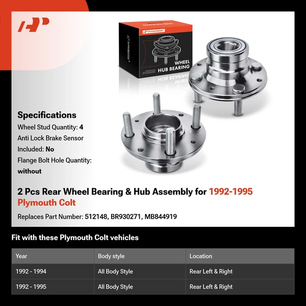 2 Pcs Rear Wheel Bearing & Hub Assembly for 1992-1995 Plymouth Colt