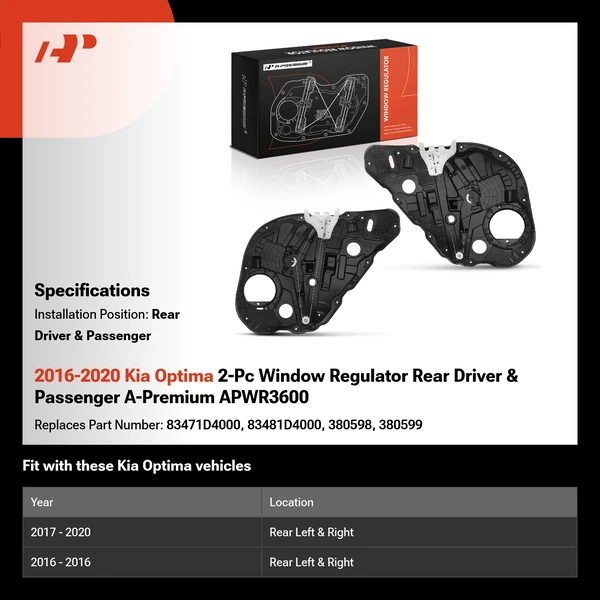 2016-2020 Kia Optima 2-Pc Window Regulator Rear Driver & Passenger A-Premium APWR3600