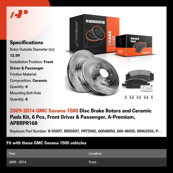 2009-2014 GMC Savana 1500 Disc Brake Rotors and Ceramic Pads Kit, 6 Pcs, Front Driver & Passenger, A-Premium, APBRPR168