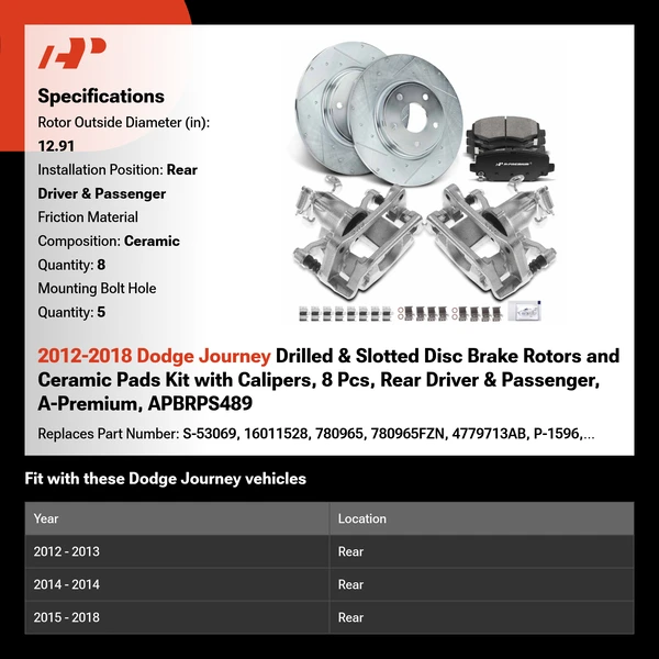 2012-2018 Dodge Journey Drilled & Slotted Disc Brake Rotors and Ceramic Pads Kit with Calipers, 8 Pcs, Rear Driver & Passenger, A-Premium, APBRPS489